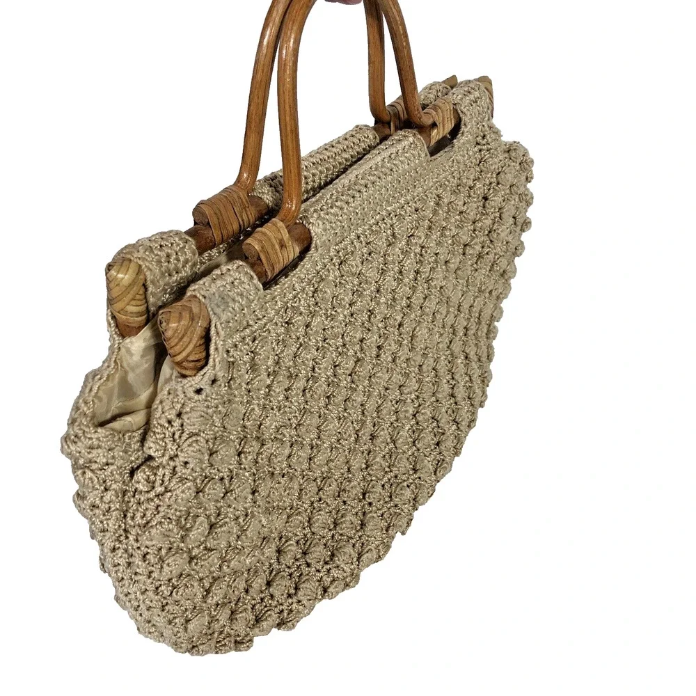 Vintage Crochet Wood Handle Handbag Tan Bauble Bubbles Lined Retro Neutral Beige